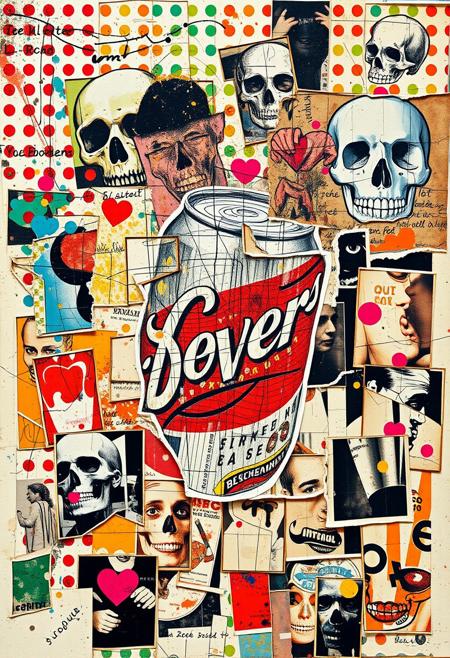 Outsider art. A surreal and deconstructed mixed-media collage in the style of Jacques Prévert with an urgent sense of chaos and energy. An analogue collage artwork blending fragmented styles, layers and textures. 
The main image is a 1970s magazine advert for canned beer torn from the magazine. Print errors, halftone dots. grungy print registration errors. 
Layered over this obscuring the image are multiple fragmented and overlapping layers of chaotic thick paint, splatters of paint, palette knife oil paint, handwritten scrawled text messages, torn photographs and broken distorted vintage photographs filling the canvas. 
Layered sections of repetitive brightly coloured dots are spraypainted in Yayoi Kusama style. Fragmented skulls and abstract faces in Jean-Michel Basquiat style over the top. This hides sections of the image below. Outlines are roughly redrawn in black ink and thick oil paint. 
On the top layer are rough hand-drawn letters and love hearts scrawled heavy-handedly in blue biro on to print.
The overall effect is manic and anarchic with an urgent sense of energy.