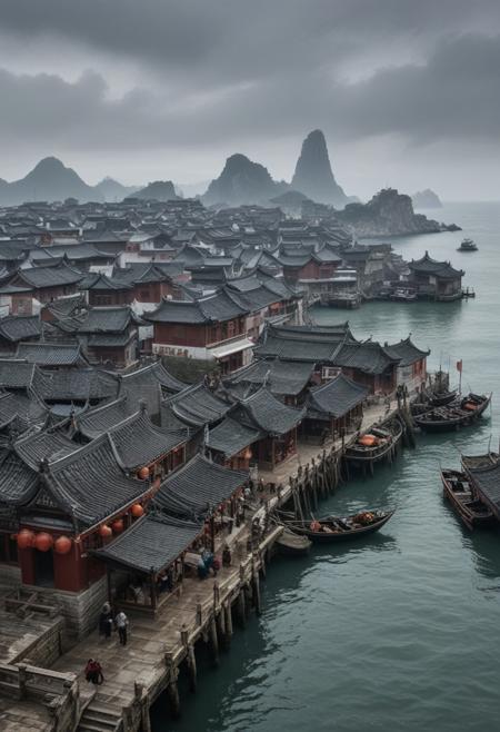 masterpiece, photorealistic, medieval china, port town, bustling town, chinese architecture, ships, grey skies, wet, sea, jetty