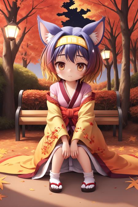 <lora:izuna v2:1> hatsuse izuna, short hair, wide sleeves, sarashi, yellow hairband, tabi, short kimono, gradient hair, 1girl on one knee,w arms, serene autumn garden, rich colors of fall, cushy blankets on benches, crunchy leaves underfoot, twinkling lights in the trees