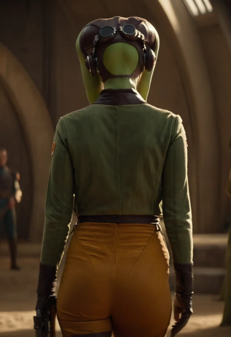 cinematic film still hera syndulla from behind, (green skin:1.2), highly detailed environment <lora:Hera_Syndulla_XL:0.8> . shallow depth of field, vignette, highly detailed, high budget Hollywood movie by baz luhrmann, bokeh, cinemascope, moody, epic, gorgeous, film grain, grainy