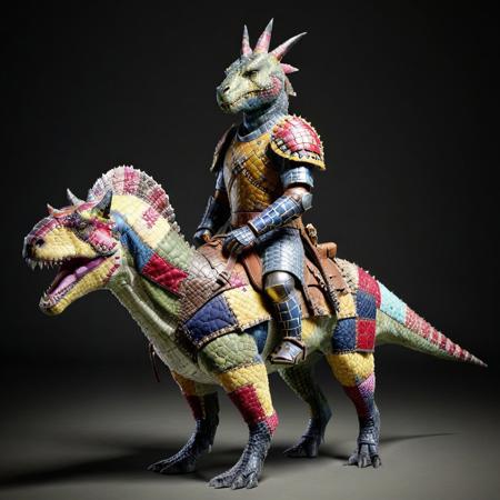 Masterwork, masterpiece, best quality, good quality, very aesthetic, absurdres, newest, ptchkrawk, a ceratosaurus  with patchwork armor and a saddle, being ridden by a knight in plate armor,