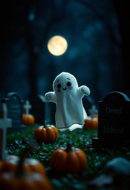 35mm photograph, film, bokeh, professional, in the graveyard sits one adorable cute plushie ghost, floating above ground, in moonlight, pumpkins, hyperrealistic, super realistic, sharp focus, 32k, (((masterpiece))) (((ultimate quality))), exquisite beauty, highiest texture resolution, photorealistic, fantasy setting, epic composition, ral-smlvltnpls, fits in frame