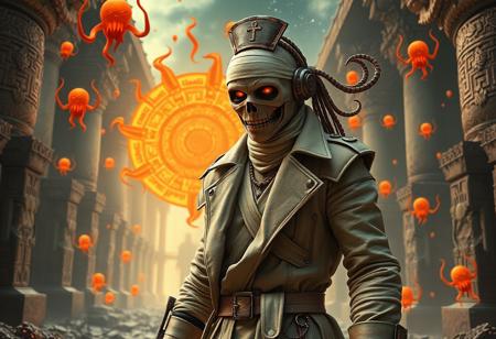 Hyper-detailed of a biomechanical mummy-robot hybrid (bandages fused with corroded metal), wearing a skin-tight nurse uniform under tattered maritime trenchcoat. Creeping menacingly through a cosmic temple, surrounded by floating orange demonic entities and Mr. Nimbus-inspired tentacle accessories. Style fusion: Artgerm's glossy character design, Greg Rutkowski's dark fantasy textures, Alphonse Mucha's symbolic motifs (ankh engravings), and Android Jones' psychedelic space背景. Rendered in Octane with parallax volumetric lighting, Unreal Engine 5 nanite details, and CryEngine's atmospheric depth. Editorial aesthetic: Vogue meets Fantastic Planet, 8K photorealism, micro-textured bandages/rust, golden ratio composition, trending on ArtStation