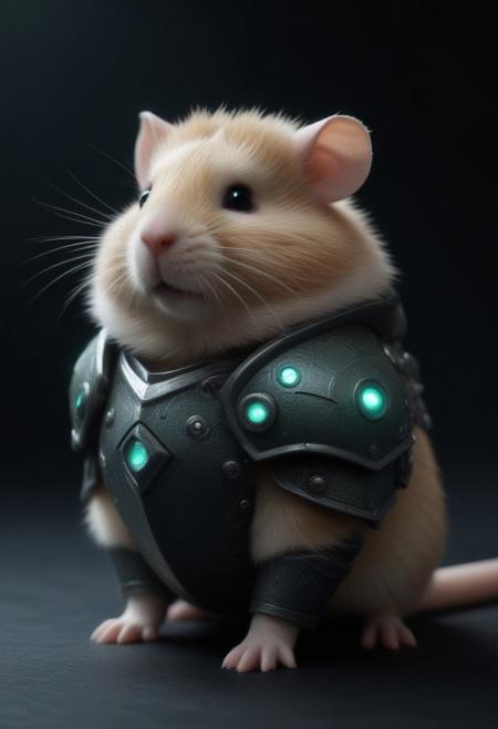 animal, armored hamster, intricate scales, Pamcocomat armor plating, glowing gemstone embedded in bracer, slit pupils, futuristic design, green energy accents, reinforced metallic structure, detailed textures, high-tech aesthetic, cinematic lighting, dynamic pose, fantasy cybernetic fusion