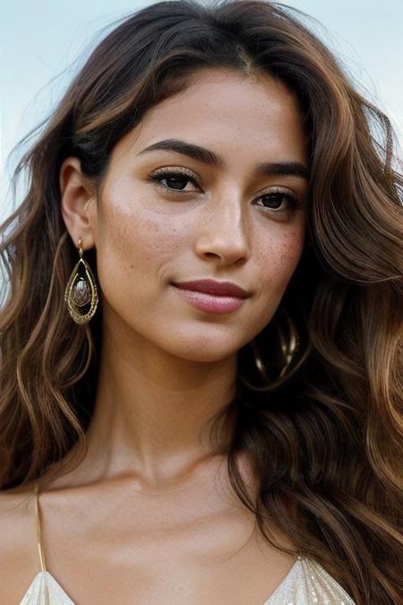 Age 35, almond-shaped emerald eyes, a delicate and symmetrical nose, soft and full lips with a subtle berry tint, sun-kissed golden complexion with a sprinkling of freckles, flowing tresses of honey-colored curls, an enigmatic gaze and serene smile, exuding poise and timeless elegance.