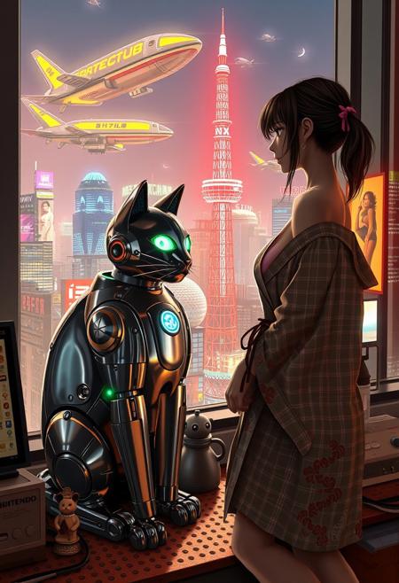 Shiny Metal Mechanical Robot Cat with glowing green blue eyes sits on a cluttered metal riveted desk next to a maneki neko statue and a small Nintendo , the robot cat is looking out to a floor to ceiling window that looks out over a futuristic cyberpunk Tokyo skyline with skyscrapers, holographic advertisements, futuristic airships covered with lights and advertisements in Japanese, a space elevator, (((a tall thin beautiful young woman, 22 years old, is standing next to the cat looking out at the city through the window))), The woman is dressed in an ornate Japanese style bath robe, exposing some cleavage and her lower legs.  The woman's hair is messy from just waking up and tied up with a ribbon. Artistic cyberpunk, dynamic perspective, a translucent neon projection of a strip club bar advertisement displaying a partially dressed woman is visible on a nearby building,