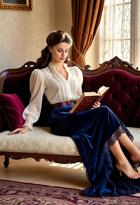 (Barbie doll:0.4),
(masterpiece), (photorealistic), (8k), (hyper-detailed), relaxed Edwardian setting, a tall woman reclines on a fainting couch upholstered in deep burgundy velvet, reading a leather-bound book. She wears a cream silk blouse with lace detailing and a long navy skirt draped across her legs. Chestnut pompadour hair, large hazel eyes, soft expression, bare feet visible at the edge of the frame. warm sunlight filters through lace curtains, painterly lighting with soft shadows.