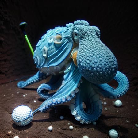 rcnz_hqr, 8ctopus, a photo of a blue octopus playing golf, holding  a golf club in a tentacle, on a golf course
 <lora:8ctopus:.7>