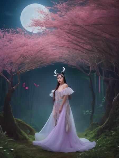 ((best quality)), ((masterpiece:1.2)), (extremely detailed), (8k, high quality, cinematic, hyper realistic, illustration),moonlight movie studio (analog film:1.3) (vhs movie) (photorealistic) (screencap) (cinematic lighting) (sharp focus) (80sDarkFantasySD15b:1.0), A full body:1.4, 8K render of an ethereal girl \(wearing HORNS,1GIRL,COW GIRL,ANIMAL EARS,SOLO,COW HORNS,COW EARS,BELL,COWBELL,<lora:Milky:.2>,BREASTS, Peerless appearance,\), riding a big cute panda(pandacore:1.1),<lora:riding_a:0.2>,bathed in the luminous glow of bioluminescent flora, her silver hair flowing in the weightlessness of this mystical grove.Donned in intricate armor, reflecting a mix of organic curves and sharp eldritch symbols, iridescent like the inside of a seashell. bamboo forest tree,butterfly around her, the peach blossom of the trees gleaming under the alien moonlight, their bark glowing with strange runes, an environment as detailed as a hand-painted masterpiece , 3d, realistic, , <lora:add_detail:0.3> high definition, ultra textures <lora:hipoly_3dcg_v7-epoch:0.2>, <lora:sakimichan-v1.6-lora-naivae-newcraft:0.1>, evenly mix females and males of all ages and races in same proportions, all faces and pictures must be different, use all spectre of your different emotions from happiness to anger, do what you want and how you want,