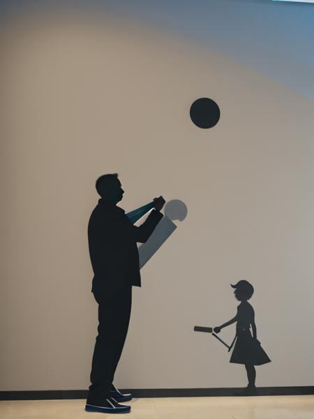 <lora:Banksy:1>a man standing in front of a wall with a shadow of a man holding a baseball bat by Banksy