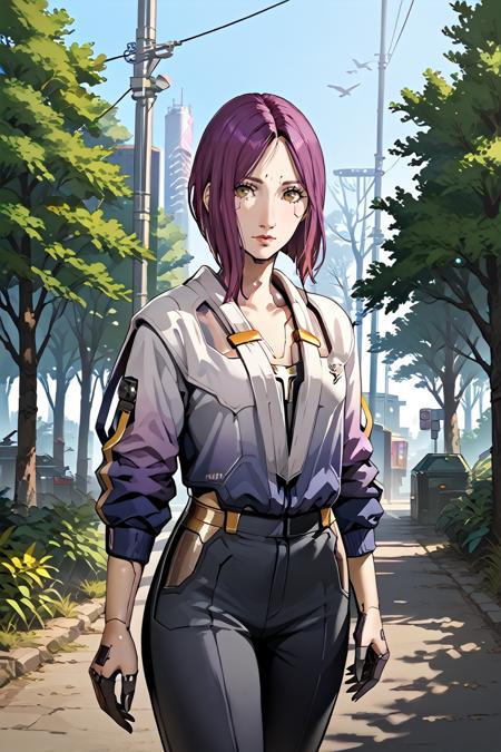 CyberSongbird, 1girl, purple hair, brown eyes, cyberpunk