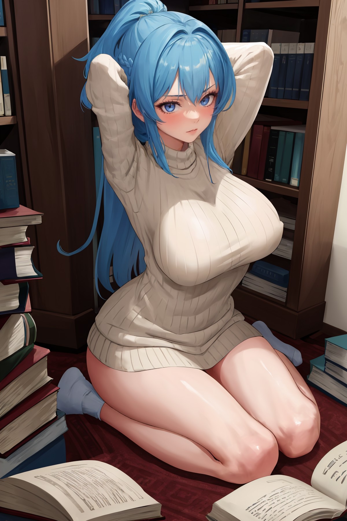 masterpiece, best quality, 1girl, solo, <lora:helm-nikke-richy-v2:1> helmrnd, library, book stack, ribbed sweater, sitting...