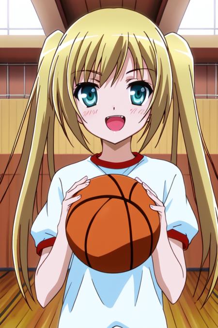 masterpiece, best quality, absurdres, ultra-detailed, indoors, <lyco:ro_kyu_bu_v4-000090:0.7>, misawa maho, gym uniform, blush, smile, open mouth, fang, long hair, twintails, basketball, holding ball, portrait,