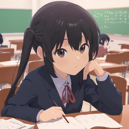 A masterpiece anime professional digital art of a girl named Nakano Azusa wondering sitting in school desk, closeup portrait, in style of Kyoto Animation, K-ON style  <lora:azusa_xl-000012:1>