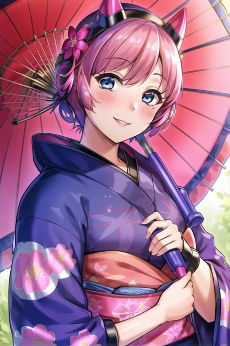 <lora:cyber_punked_wattson:.6>, cyber punked wattson, masterpiece, best quality,  1girl, japanese clothes, kimono, blue eyes, floral print, blush, looking at viewer, sash, obi, solo, flower, upper body, short hair, umbrella, pink hair, bangs, parted lips, print kimono, smile