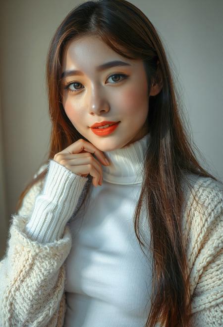 DSLR-style, slender, elegant 26-year-old Korean model, translucent pale skin with natural texture, soft shadow on cheek, diffused daylight from side, parted lips, masterpiece, ultra high-res  
<lora:NOOB_vp1_detailer_by_volnovik_v1:1>
barely visible pores, subtle skin texture variation, translucent skin tone, full body. 
a woman with long brown hair and light skin, wearing a white turtleneck and a cream-colored fuzzy cardigan, rests her chin on her left hand and looks directly at the camera with a soft smile, big breasts, cleavage, (midriff, flat stomach), focus on shoes