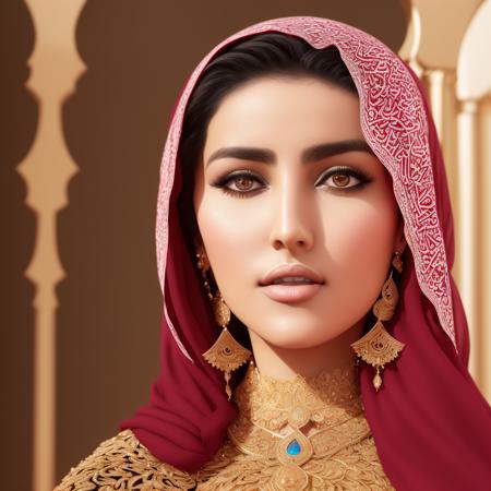 25yo Arabic female looking at the viewer, detailed face,  attractive, underboob, full elegant dress, wavy chestnut hair, ((closeup)), perfect eyes, (interior home background), (photorealistic), intricate, highly detailed, absurd res, symmetrical, backlighting, colorful,  concept art, (photography:1.5), sharp focus, illustration, award-winning, 8K.