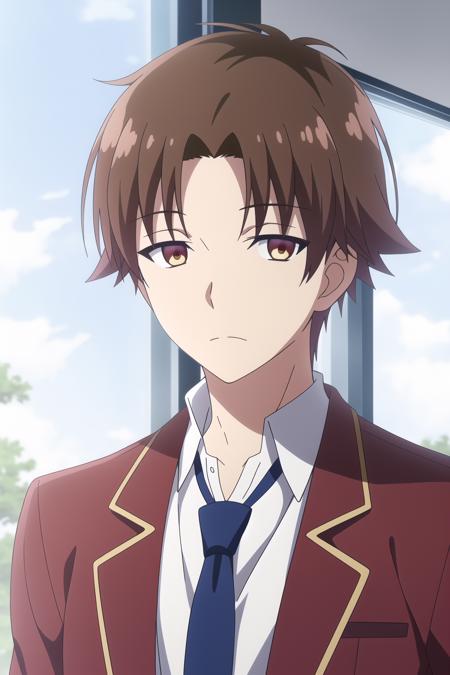 ayanokouji kiyotaka, 1boy, solo, male focus, brown hair, brown eyes, school uniform, shirt, red jacket, blue necktie, looking at viewer, upper body, classroom,