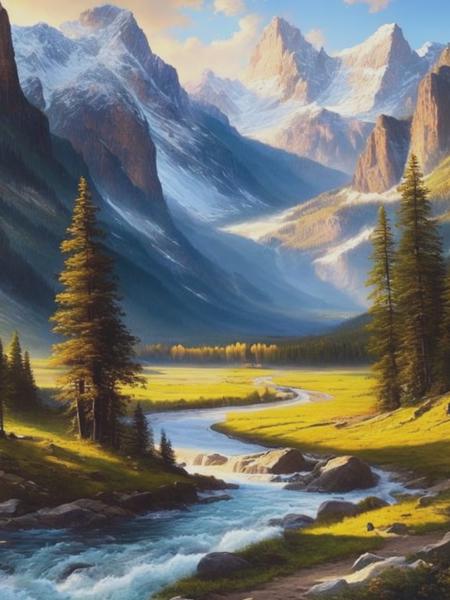 <lyco:ThomasMoran:1.0> landscape of majestic mountains, with snow-capped peaks, rocky terrain, and winding trails, add a river, painting style, insane details, realistic, bierstadt style, 8k