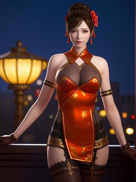 CFhudieQF,1girl,solo,brown hair,breasts,gloves,hair flower,garter belt,lace,brown eyes,underwear,medium breasts,chinese dress, clothing cutout,short hair,cleavage,bare shoulders,lips,lace-trimmed legwear,hair bun,see-through,<lora:CFhudieQF:0.75>,mature female,cityscape,night,looking at viewer,cowboy shot,hair ornament,