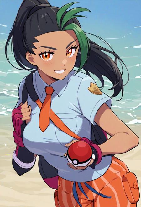 score_9, score_8_up, score_8, medium breasts, (curvy), cute, eyelashes, Nemona \(Pokemon\), black hair, green hair, orange eyes, dark skin, multicolored hair, two-tone hair, hair pulled back, collared shirt, fingerless gloves, orange shorts, backpack, smile, looking at viewer, (holding pokeball)
