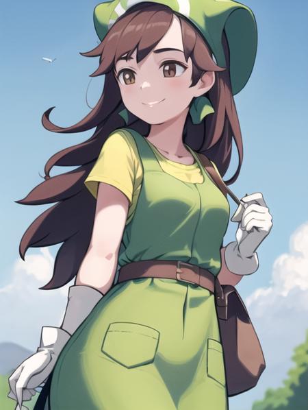 <lora:Breeder:0.7> BreederPkmn, 1girl, solo, smile, shirt, gloves, hat, dress, holding, closed mouth, short sleeves, outdoors, sky, day, cloud, white gloves, bag, blue sky, bird, green dress, green headwear, egg