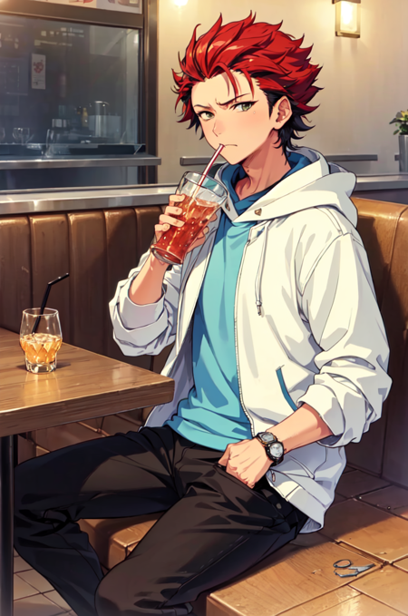 kurokiryu, looking at viewer, holding, jewelry, sitting, jacket, indoors, hood, cup, hoodie, table, drinking glass, watch, ice, drinking straw, drink, drinking, wristwatch, white hoodie, ice cube, restaurant