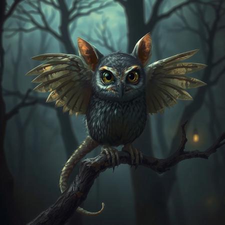 A hybrid creature combining features of a rat and an owl, featuring the compact, furry body and long tail of a rat, with large, piercing owl eyes and a pair of soft, feathered wings. The creature has a small, pointed beak and the keen, alert expression of an owl, while its fur is a mottled gray and brown, blending the textures of both animals. It is perched on a twisted branch in a dimly lit forest at dusk, with a mysterious and slightly eerie atmosphere. The scene is rendered in a detailed, semi-realistic style, emphasizing the contrast between fur and feathers, with soft, moody lighting that highlights the creature’s unique hybrid features. The background includes shadowy trees and a faint glow of twilight, creating an enigmatic and fantastical mood.