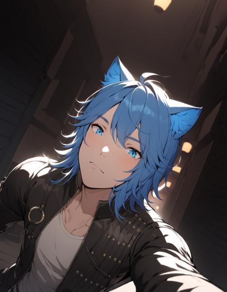 Parker Edwards, solo, looking at viewer, shirt, 1boy, animal ears, blue hair, jacket, male focus, cat ears, black jacket, freckles, leather, leather jacket, cat ears, animal ears, close-up, foreshortening , cinematic lighting, cinematic angle, dark, dark background, masterpiece, best quality , <lora:ParkerEdwardsXL:0.8>