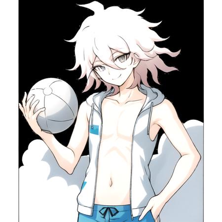 danganronpaNagitoKomaeda, masterpiece, best quality, solo, 1boy, 20 years old, looking down, smile, ((holding a beach ball)), shirtless, topless male, male swimwear, bangs, simple background, shirt, hair between eyes, collarbone,  white hair, grey hair, male focus,  medium hair, open jacket, grey eyes, black background, messy hair, <lora:danganronpaNagitoKomaeda:0.7>