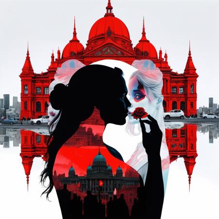 (Double exposure:1.3) effect of the beauty and the beast superimposed against opera house silhouette by Conrad Roset, Brandon Kidwell, Andreas Lie, Dan Mountford, Agnes Cecile, Jeremy Mann, oil and ink canvas, fine art, super dramatic light, photoillustration, amazing depth, hyperdetailed, iridescent red, redundant dreams, intricate detailed, amazing depth, stunning atmosphere, mesmerizing whimsical vibrant scenery, maximalism, complex masterwork by head of prompt engineering <lora:add-detail-xl:2>