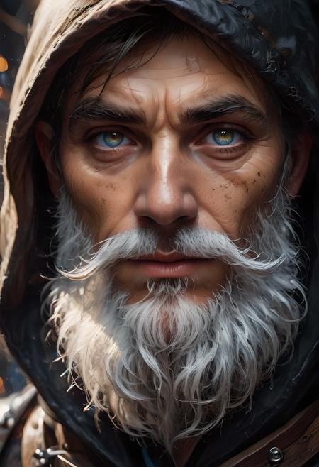 dark fantasy,rpg character_portrait,(ultra realistic:1.3),(best_quality:1.3),(illustration:1.1),(hyper_detailed:1.1),(high_quality:1.1),masterpiece,intricate_details,ultra_detailed,male-focus,(1 auburn haired gnome:1.1),grey strands of hair, (rogue thief:1.1),(wearing black leather thieves clothing:1.4),(gnome race:1.1),older,rugged,(male:1.5),(blue eyes:1.3),(bulbous pose:1),(pointed ears:1.3),fantasy village,(serious:1.2),(very broad nose:1.2),(night:1.1),snowing,(outside tavern:1.1),(lanterns:1.1),(hood:1.3),(short trim beard & mustache:1.3),portrait,fixl-art,3/4 profile,<lora:SDXLFaeTastic2400:1>,<lora:more_details:1>,(from above:1.2),(looking at viewer:1.1),<lora:LaxpeintXL-2.0:0.7>,
