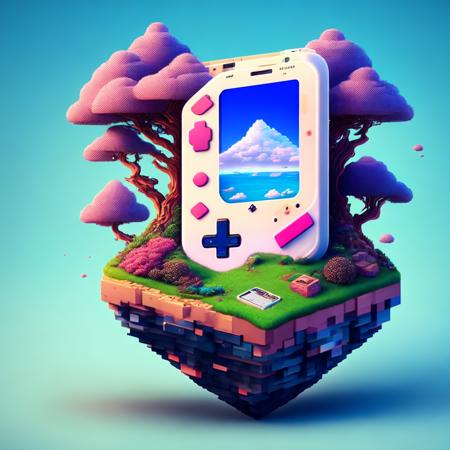 (gameblocked style:1) an image of a gameboy on top of an island <lora:djzGameBlockedV21_LoraBooth:1>