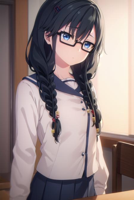 sumirekosanshokuin, <lora:sumireko sanshokuin s1-lora-nochekaiser:1>,
sumireko sanshokuin, long hair, black hair, blue eyes,
BREAK hair ornament, braid, glasses, twin braids, black-framed eyewear, skirt, hair ornament, school uniform, serafuku, black skirt, long skirt,
BREAK indoors, classroom,
BREAK looking at viewer, (cowboy shot:1.5),
BREAK <lyco:GoodHands-beta2:1>, (masterpiece:1.2), best quality, high resolution, unity 8k wallpaper, (illustration:0.8), (beautiful detailed eyes:1.6), extremely detailed face, perfect lighting, extremely detailed CG, (perfect hands, perfect anatomy),