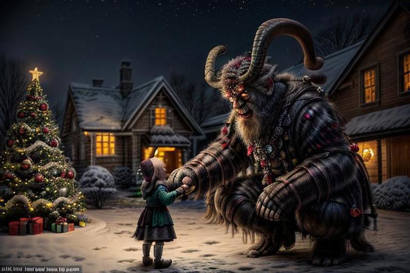 A big bearded monster helping a small girl, both in snow.