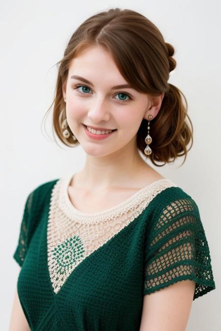 HD, perfect quality, 16k, very detailed,  a beautiful 21yo college girl with ginger hair in an updo, pale skin, wearing a crocheted dress, pink fleckes, green eyes, slim, detailed skin, hair behind ear, smiling proudly, standing in front of white background