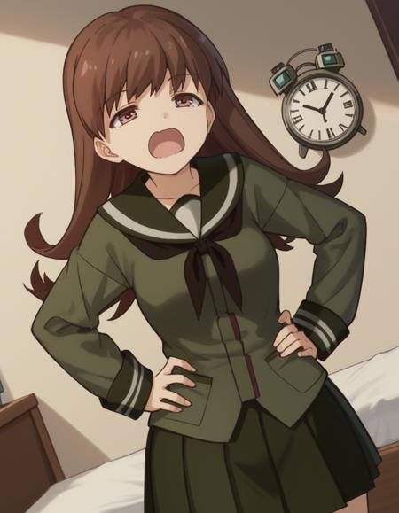 ooi, long hair, brown hair, brown eyes, ooi (kancolle) skirt, school uniform, pleated skirt, serafuku,