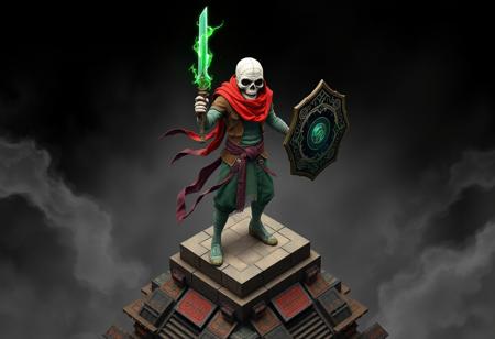 expert An intricate Ghostrick Mummy , wearing a brown jacket, green pants, & vivid red scarf, stands atop a pyramid fortress against a stark black and white checkered void background. Holding an ornate Soul Devouring Bamboo Sword & luminous Electromagnetic Shield in a dynamic pose. Masterpiece, trending on ArtstationHQ, CGSociety, high detail, 4K, stunning colors, captivating lighting, impeccable composition, isometric view. Raphael Style, Houdini Style, Grammer Effect Style, Splash Ink Illustration, Octane Render, Unreal Engine 5 rendering.