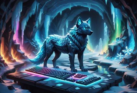 lazympos, crystal wolf, glowing geometric fur, -shaped ice cave, neon aurora borealis, prismatic snowflakes, icy reflections, glowing <lora:RGB_Keyboard_themed-000008:1.0000000000000002> <lora:TrendCraft_The_Peoples_Style_Detailer-v2.1A-3_12_2025-SDXL:0.8000000000000002>
