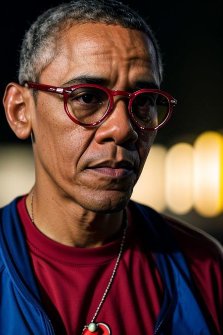 RAW photo, Barack Obama, 8k uhd, dslr, high quality, cinematic lighting, photorealistic, realistic, sport clothes (SpongeBob) , heart shaped sunglasses, rose tattoo on the neck, dimly lit <lora:epi_noiseoffset2:0.9>, low key, serious expression, intricate details,