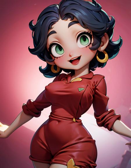 (BettyBoopWaifu:1), 1girl, cute, cute pose, (short hair, black hair, green eyes), (red dress, garter), (earrings), curvy, looking at viewer, smile, :D, breast focus, sexy, retro,
(simple background:1.2), (background:1),  (dynamic_angle:1.2), (dynamic_pose:1.2), (rule of third_composition:1.3), (dynamic_perspective:1.2), (dynamic_Line_of_action:1.2), solo, wide shot,
(masterpiece:1.2), (best quality, highest quality), (ultra detailed), (8k, 4k, intricate), (full-body-shot:1), (Cowboy-shot:1.2), (50mm), (highly detailed:1.2),(detailed face:1.2), detailed_eyes,(gradients),(ambient light:1.3),(cinematic composition:1.3),(HDR:1),Accent Lighting,extremely detailed,original, highres,(perfect_anatomy:1.2),
<lora:3DMM_V7:1> <lora:BettyBoop_character-10:1>