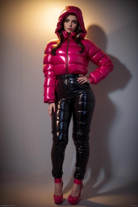 A stunning portrait of a young, slim, cute, sweet European woman, 20 years old, radiating elegance and beauty. She is dressed in a fashionable, colorful, shiny and glossy puffer down outfit. ((High Yoked)). The lighting is soft, highlighting her features and emphasizing the glossy texture of her clothes. Cinematic lighting, very cold, high resolution, winter fashion, realistic shading, digital painting, artstation, sweetest, cutest, ((tempting)). by Parkasite. <lora:Parkasite_v10:0.7>