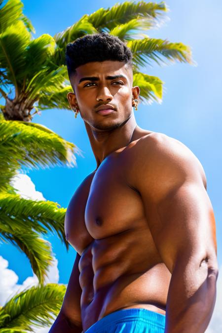 masterpiece, best quality, highres, realistic, from below, from side, looking down, looking at viewer, medium closeup, a shirtless homoerotic man in a hat standing in front of tropical trees, miami, 1boy, large pectorals, solo, bara, muscular, large nipples, hat, abs, sky, cloud, outdoors, (tattoo:1.2), day, tree, earring, male focus, muscular male, facial hair, from below, very short hair, looking at viewer, cloudy sky, upper body, palm tree, dark skin, indian super model