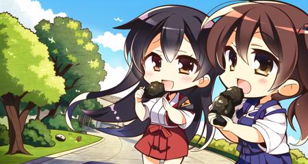 nature park, 2girls, akagi from kantai collection, long hair, holding, holding onigiri, japanese clothing, red hakama, red hakama skirt, hakama short skirt, brown eyes, smile, open mouth, eating, white clothing, chibi,  (kaga:1.1) from kantai collection, one side up, blue hakama, blue hakama skirt,