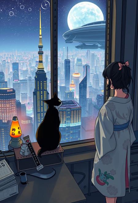 Jiji, the cat from Kiki's Delivery Service sits on a cluttered metal riveted desk next to a maneki neko statue and a lava lamp, Jiji is looking out of a floor to ceiling window that looks out at a very high view from an apartment on the 400th floor of a futuristic Tokyo skyscraper, the year is 2250, The city has thousands of enormous wide and tall futuristic skyscrapers and space ships in the sky, (((Kiki from Kiki's Delivery Service, 24 years old, is standing next to the cat looking out at the enormous city at night, filled with buildings over a mile tall))), Kiki is dressed in an ornate Japanese style bath robe. An enormous starship is visible high above the city, The woman's hair is messy from just waking up and tied up with a ribbon. Artistic cyberpunk, dynamic perspective, The focus is on Jiji and Kiki standing together looking out the window at the view together,