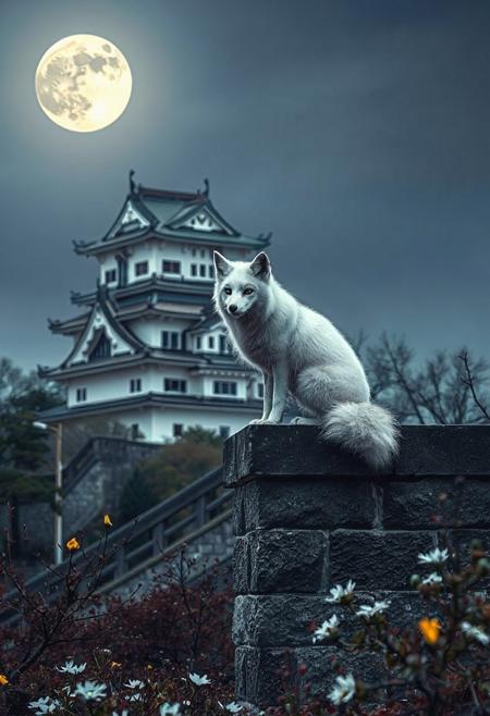 (Soft Lighting Photography by Mimoza Veliu and Mario Giacomelli:1.2), NSFW,  a white fox sitting high on a Japanese castle wall.  The background is of a Japanese castle, full moon, laterns, japanese garden.