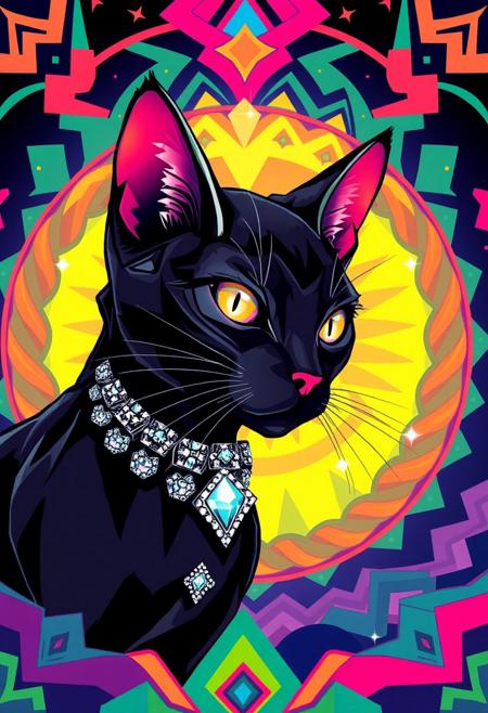 A hyper-stylized anime witch cat, blending the opulent, geometric patterns of Art Deco with the bold, vibrant colors of Pop art. The cat, a sleek, black feline with a sparkly, crystal-encrusted collar, is surrounded by a halo of bright, poppy colors and ornate, Art Deco patterns. The cat's eyes glow with a bright, shining light, adding a touch of magical, supernatural energy to the image. The background is a swirling, geometric landscape of chevrons, zigzags, and other Art Deco motifs, all rendered in bold, poppy colors. The cat's fur is depicted in a stylized, geometric pattern, with each strand rendered as a bold, Art Deco-inspired shape. The overall effect is one of vibrant, eye-popping energy, as if the viewer is gazing into a kaleidoscope of colors and patterns. highest-Quality, intricate details, visually stunning, Masterpiece
