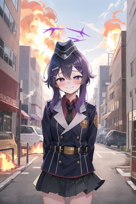 haruka, 1girl, (halo:1.05), short hair with long locks, hairclip, purple eyes
school uniform, purple jacket, red shirt, collared shirt, garrison cap, miniskirt, black skirt
cowboy shot, looking up, looking at viewer, belt, black necktie
BREAK blush, sweat, (nervous smile:1.25), (wavy mouth:1.15), [closed mouth:(parted lips:1.0):0.95], half-closed eyes,
crazy eyes, sanpaku, arms behind back, 
outdoors, urban street, explosion, fire
<lora:chara-haruka-v1b-32:1>,