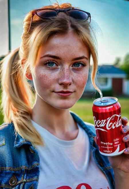 girl, blonde ombre hair, ponytail, grey eyes, white t-shirt, medium breasts, denim jacket, holding a soda can, freckles, nosering, watching at the viewer, upper body photo, hyperrealistic, 8k, highest quality, HDR+,