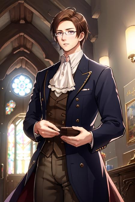 ultra detailed, sharp focus, best quality, masterpiece, colorful, <lora:NSAustriaHetalia:1> 1boy, NSAustriaHetalia, brown hair, ascot, waistcoat, glasses, best quality, dynamic lighting, masterpiece, intricate details